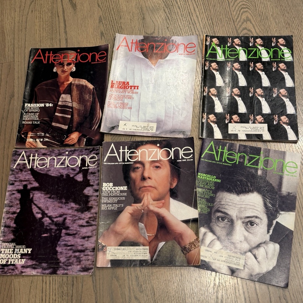 Vtg Attenzione Magazines lot of 6 Italy, Vintage Ads, pavarotti, Fashion 1981-84